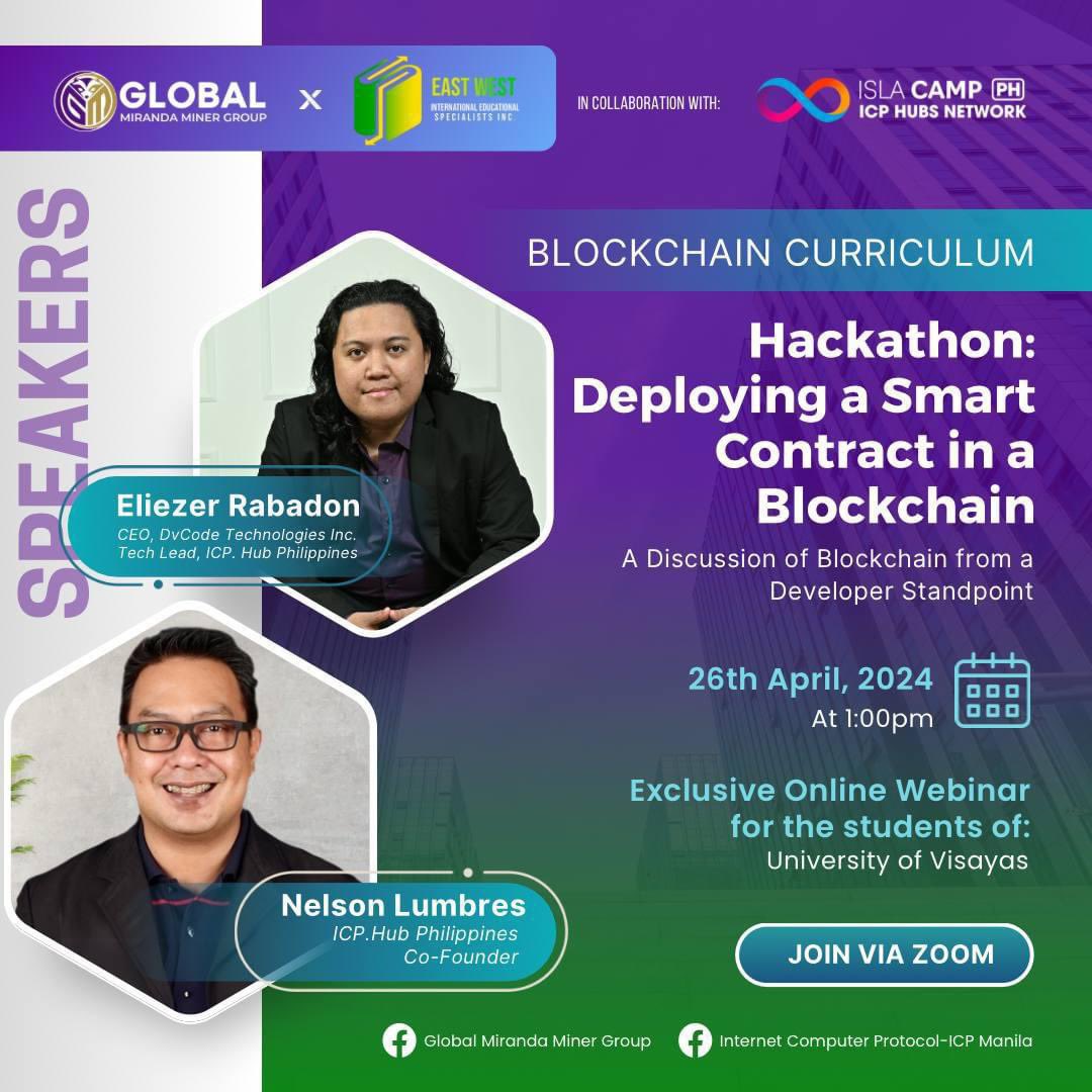 From #ICP Global Townhall to providing education to our Filipino future #Web3 BUIDLers. 🧑‍💻👩‍💻 📣 Calling all students from University of Visayas! 📣 Join us for the 𝑫𝒆𝒑𝒍𝒐𝒚𝒊𝒏𝒈 𝒂 𝑺𝒎𝒂𝒓𝒕 𝑪𝒐𝒏𝒕𝒓𝒂𝒄𝒕 𝒊𝒏 𝒂 𝑩𝒍𝒐𝒄𝒌𝒄𝒉𝒂𝒊𝒏 🚀 🗓️ Date: April 26, 2024 🕐…