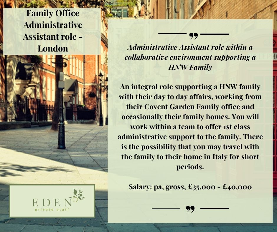 Family Office Administrative Assistant role in Covent Garden!

edenprivatestaff.com/job/family-off… #PersonalAssistant #personalassistants #privatewealth #PA #EA #familyoffice #familyoffices #executivepa #privatepa #privatebanking #privateequity #parecruitment #ExecutiveAssistant