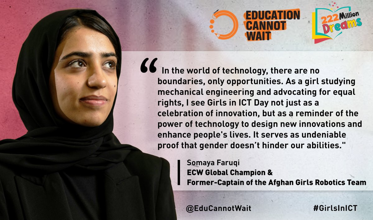 'In the🌎of technology, there are no boundaries, only opportunities. As a girl studying mechanical engineering & advocating for equal rights, I see #GirlsInICT Day not just as a celebration of innovation, but as a reminder of the power of technology to enhance people's lives.'