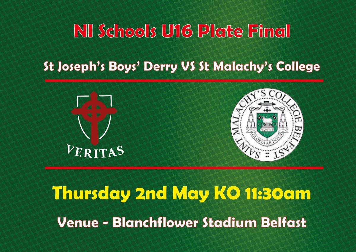 ⚽️⚽️⚽️NI Schools U16 Plate Final confirmed for next Thursday 2nd May 11.30 KO at the Blanchflower Stadium.⚽️⚽️⚽️