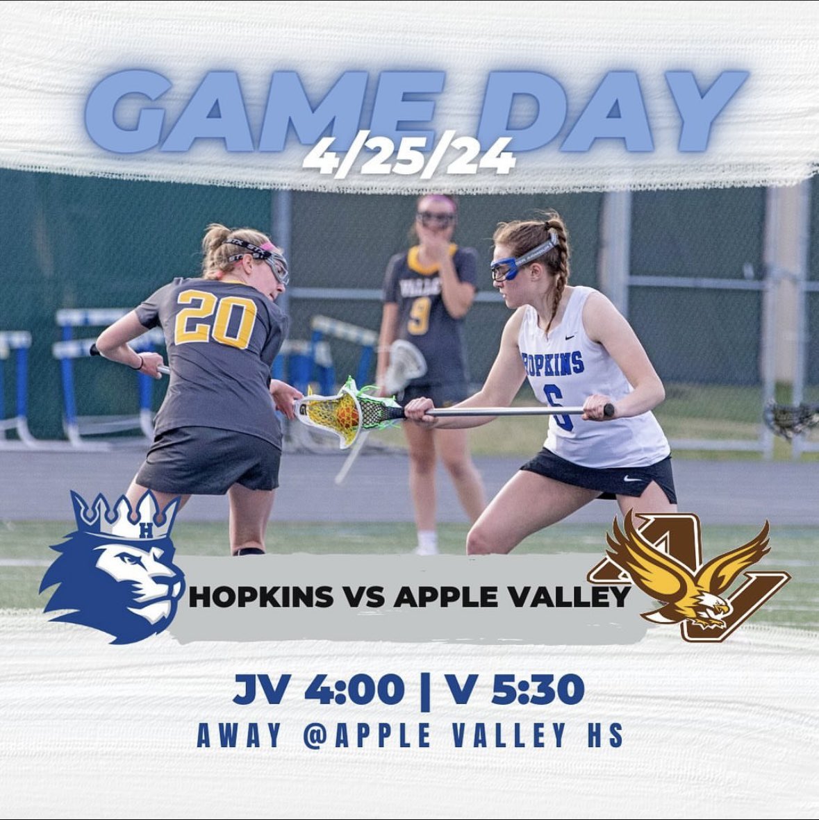 Game day!  
🥍: at Apple Valley 
⏱️: V -530, JV-4
#GoRoyals #loveyoulolo