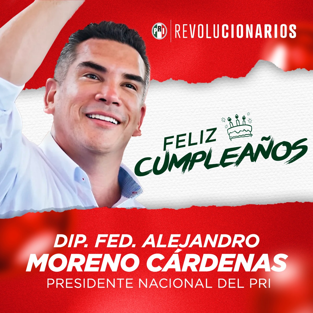 Con mucho cariño felicitamos al Presidente del <a href="/PRI_Nacional/">PRI</a>, <a href="/alitomorenoc/">Alejandro Moreno</a>, quien es un gran ser humano, comprometido y leal a #México. 

Deseamos que hoy festeje a lo grande en compañía de sus seres queridos. 

¡Un fuerte abrazo! 🫂 🎂