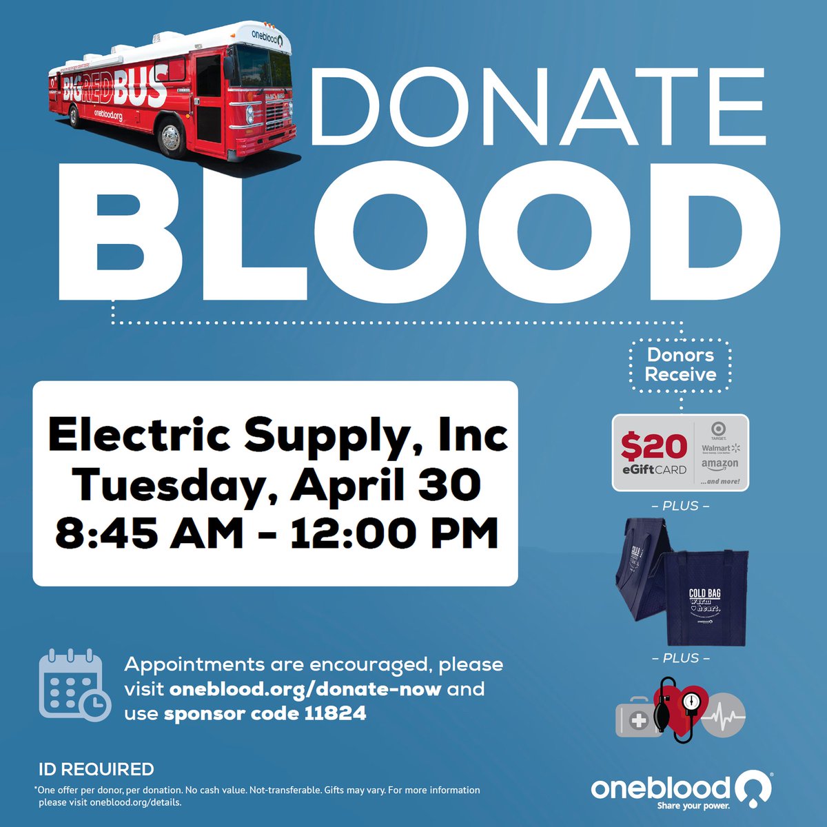 📅The Big Red Bus will be rolling into Electric Supply in Tampa from 8:45am to 12pm! 
Don't miss out on the chance to save lives and receive a OneBlood gift, $20 gift card, and a wellness checkup including blood pressure, temperature, iron count, pulse and cholesterol screening!