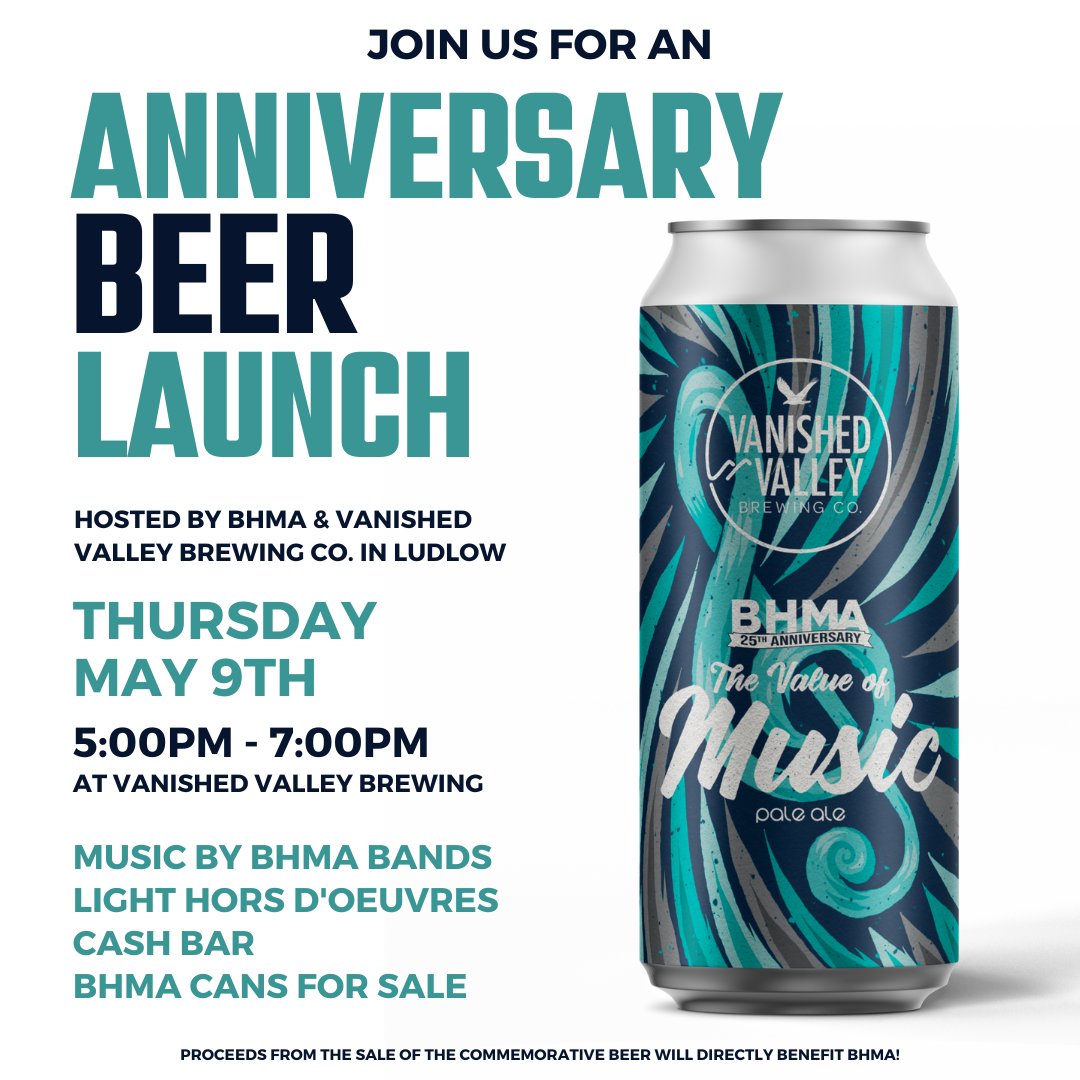 The countdown begins! Only 2 weeks until the big day at Vanished Valley Brewing Co.! 🍻 Join us on May 9th from 5-7pm for the launch of BHMA's 25th Anniversary Beer. Don't miss out! #BHMA25 #VanishedValley #CraftBeer 🎉🍻🎶