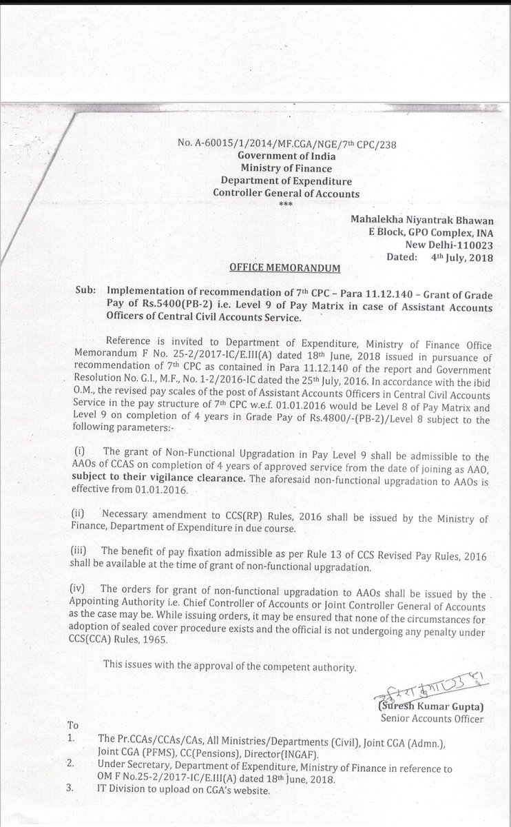 Grant of NFU: Except for the Defence Forces Officers, every Govt employee has been given NFU, either directly or indirectly. See the OM of the year 2018 👇 wherein, even employees with a Grade Pay of Rs 4800/- have been given NFU. It is a lesson for all Armed Forces Officers