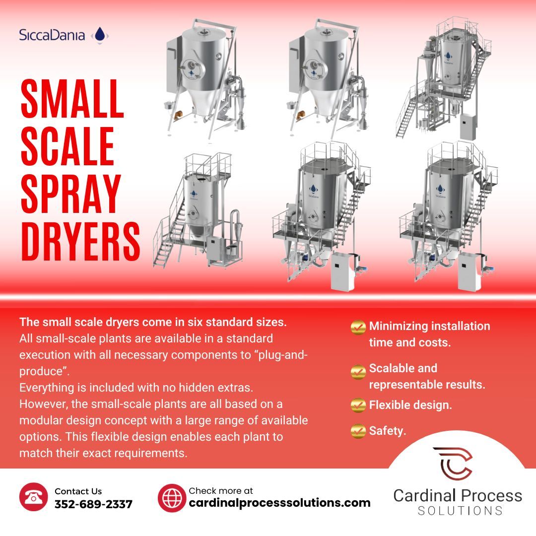 CardinalProcess's tweet image. Small Scale, Big Benefits! 🌟 Our small scale spray dryers are engineered for efficiency, with quick installation, scalable results, and top-notch safety. Choose from six standard sizes, each equipped for 'plug-and-produce' ease – everything included, no hidden extras.