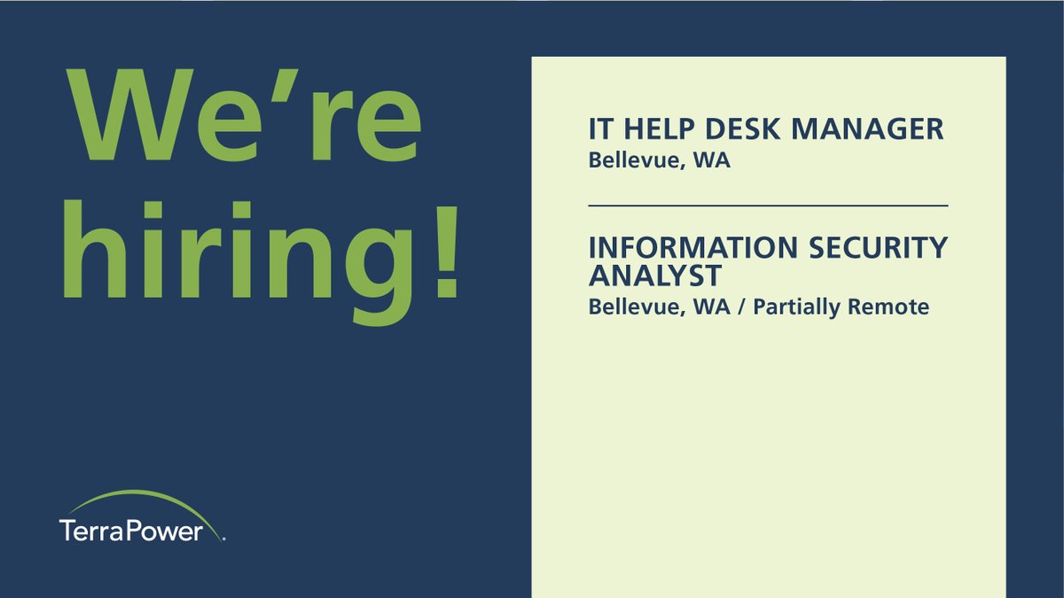 TerraPower is on the lookout for an IT Help Desk Manager & Information Security Analyst to join our team. Apply now and be part of our innovative journey. #TechJobs #NowHiring IT Help Desk Manager: terrapower.com/contact-us/car… Information Security Analyst: terrapower.com/contact-us/car…