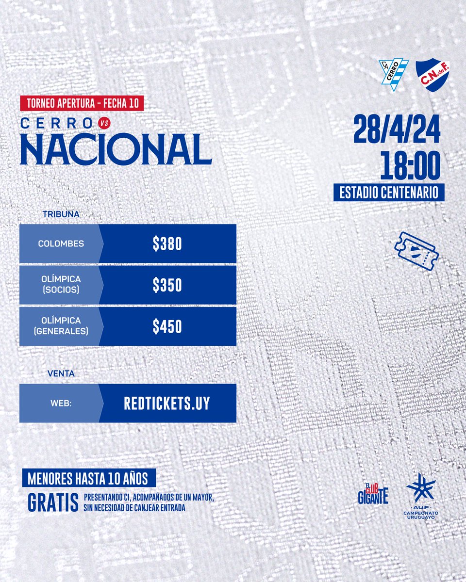 🎟️ Operativa de venta de entradas para el partido de este domingo 🆚 Cerro en el Estadio Centenario 🏟️ 📲 redtickets.uy/evento/CERRO-V… #ElClubGigante 🔵⚪️🔴