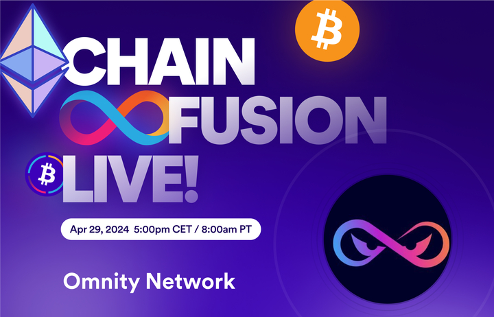 CHAIN FUSION LIVE! ft. @OmnityNetwork. Interoperability for #Bitcoin's #Runes tokens, powered by Chain Fusion. 🗓️ April 29, 2024 🕙 5:00 pm CET 🔗 Live stream from X and YT. Links below.