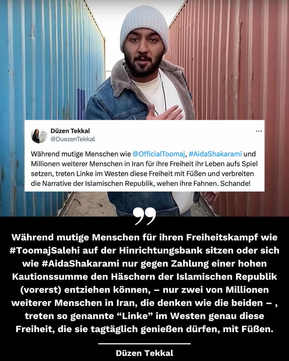 Während für ihren Freiheitskampf mutige Menschen wie #ToomajSalehi  oder #AidaShakarami einen hohen Preis zahlen – nur zwei von Mio. von Menschen in Iran, die denken wie sie – , treten so genannte “Linke” im Westen genau diese Freiheit, die sie tagtäglich genießen, mit Füßen.