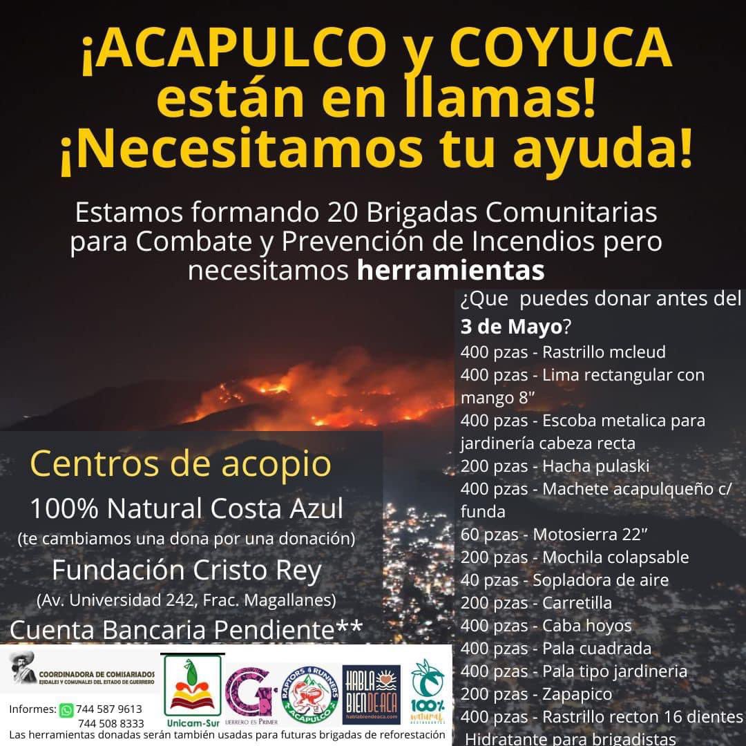 La Coordinadora de Comisariados ejidales y comunales del estado de #Guerrero está formando 20 brigadas comunitarias para el combate de #IncendiosForestales, solicita donativos en especie de herramientas.
#Acapulco
#Chilpancingo 
#Coyuca