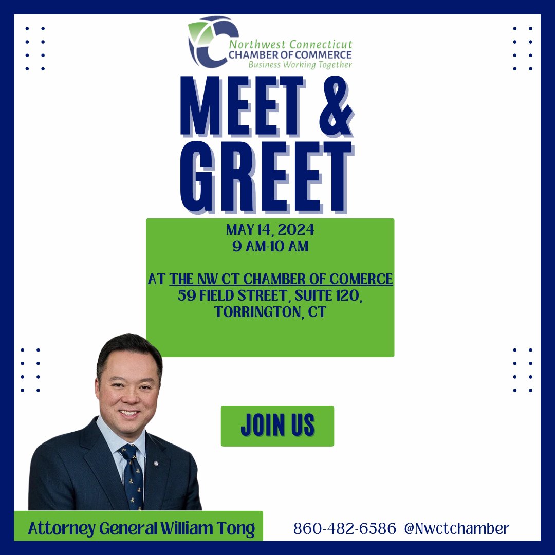 Connecticut Attorney General William Tong, a strong advocate for the people, will speak on health insurance for businesses and individuals in CT at the Chamber. Don’t miss this opportunity.