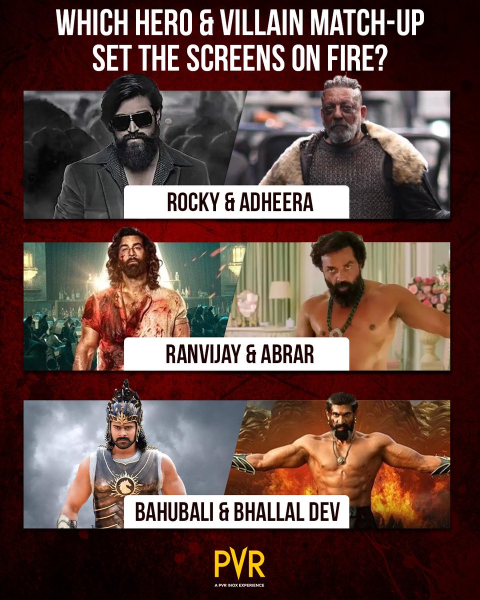 Heroism clashed with villainy! Which hero-villain duo ignited the big screen?

Like = Rocky & Adheera
Comment = Bahubali & Bhallal Dev
Retweet = Ranvijay & Abrar
.
.
.
#RanbirKapoor #BobbyDeol #Yash #SanjayDutt #Prabhas #RanaDaggubatti #Bahubali #KGF #Animal
