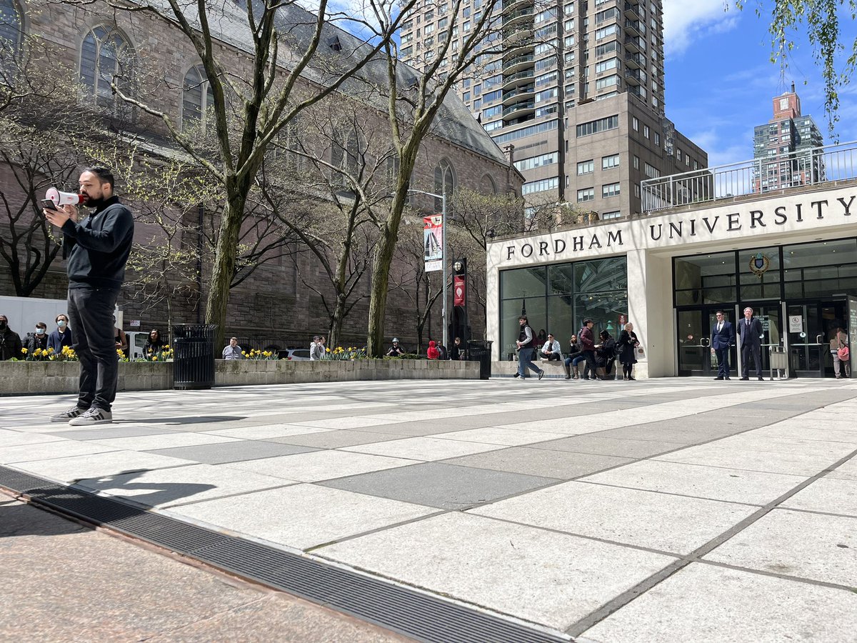 currently at Fordham College Lincoln Center where Students for Justice in Palestine — banned here 7 years ago, leading to landmark litigation — are calling for the instatement of the club and for the university to call for a ceasefire and to disclose and divest. police presence.