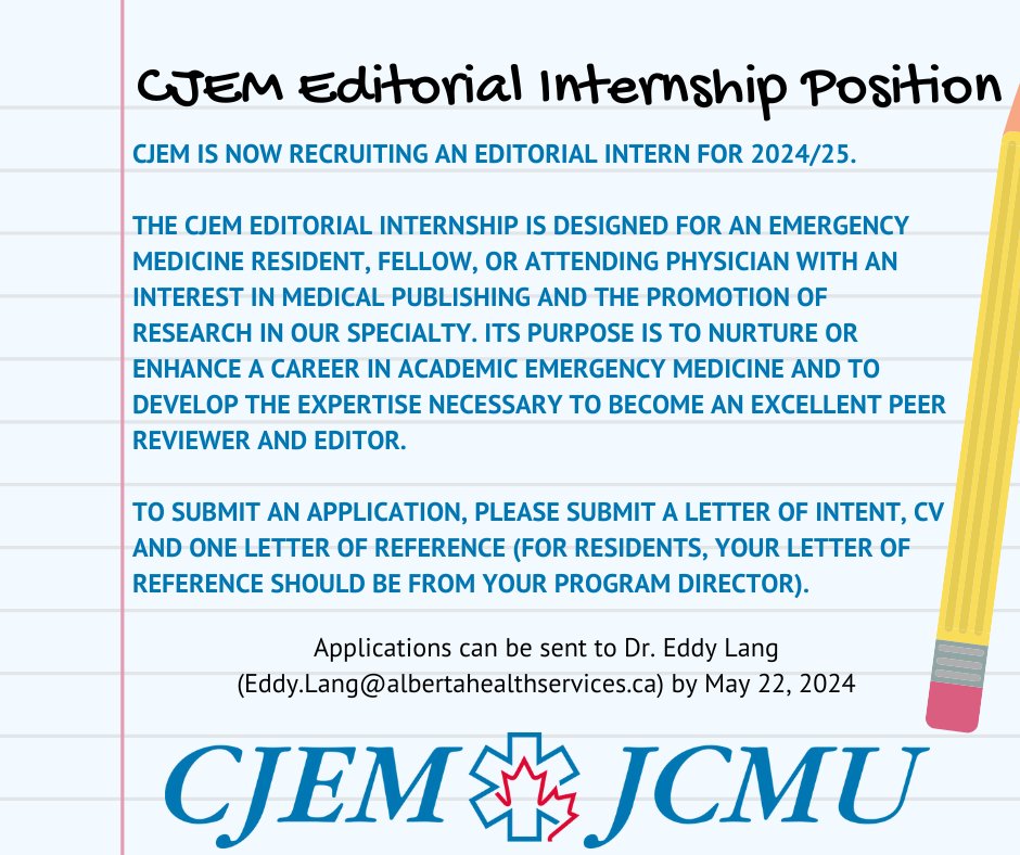 @CJEMonline internship now taking applications. Join us for a fulfilling and exciting year in medical journalship. @KaylaFurlong @PaulAtkinsonEM @EMO_Daddy @CAEPResidents