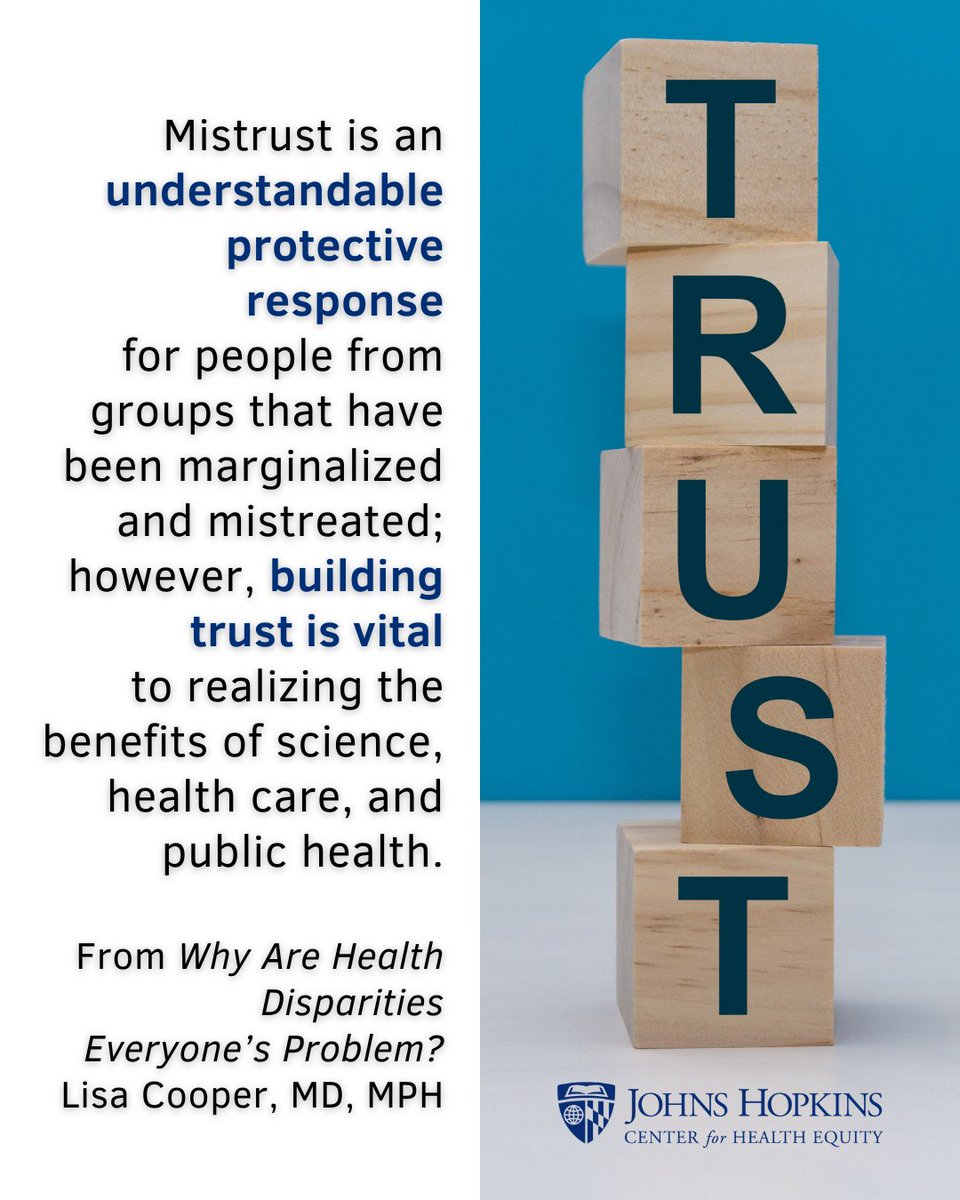 'Mistrust is an understandable response for people from groups that have been marginalized and mistreated; however, building trust is vital to realizing the benefits of science, health care, & public health.' Get a copy of @LisaCooperMD's book today! loom.ly/LEigtMM
