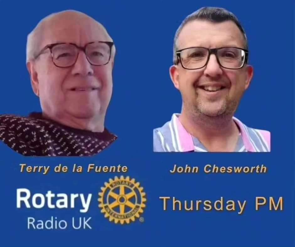 It's Thursday pm. The Folk hour at 7pm. Terry de la Fuente 8pm. John Chesworth at 10pm. Exclusive to Rotary Radio UK. Online and On-Alexa. rotaryradiouk.org