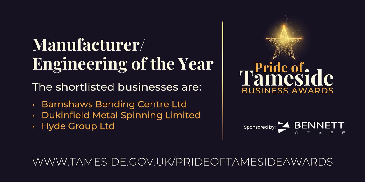 We are delighted to be part of this years Pride of Tameside Business Awards as sponsors of Manufacturer / Engineering of the Year Award. ✨
A huge well done to all the shortlisted businesses for getting this far, remember you are all winners.
#TamesideBusinessAwards #BennettStaff