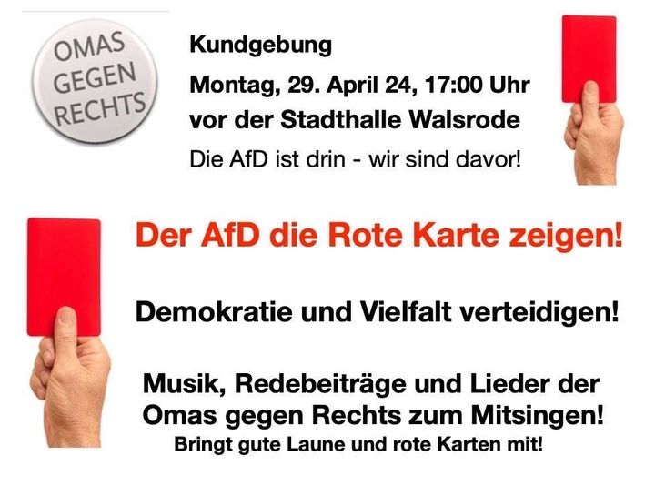 Demotermin/ Kundgebung gegen die AfD. Bitte unterstützt die #EhrenOmas  Omas (und Opas) gegen Rechts. Montag 29.4.24, Stadthalle Walsrode, 17 Uhr! Bitte Teilen! Danke euch❤️‍🔥 #wirsindmehr #GegenRechts