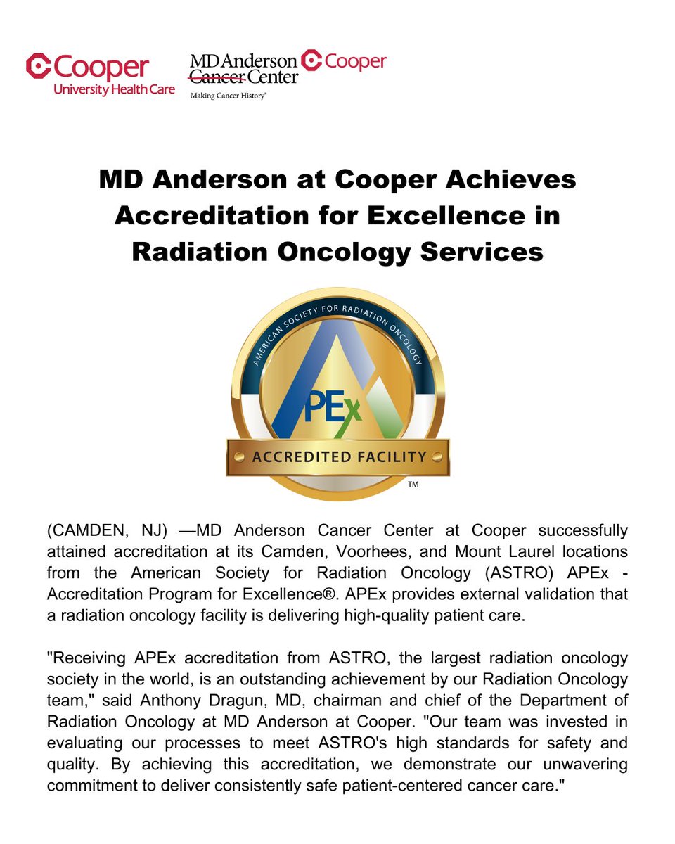 Congratulations to our #radiationoncology team at MD Anderson Cancer Center at Cooper for this recognition by @ASTRO_org! Read the full story: bit.ly/3xOHTH4 #EndCancer