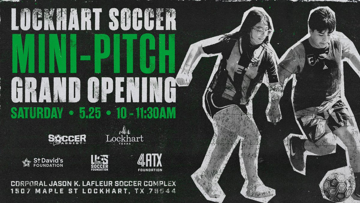 Exciting news! We're teaming up with @ussoccerfndn, @4atxfoundation, @stdavidsfdn, @soccerassistatx, & @cityoflockharttx to bring a soccer mini-pitch to Lockhart's Jason K. Lafleur Soccer Complex! See you at the grand opening! Let's kick it on the pitch! 🌟⚽