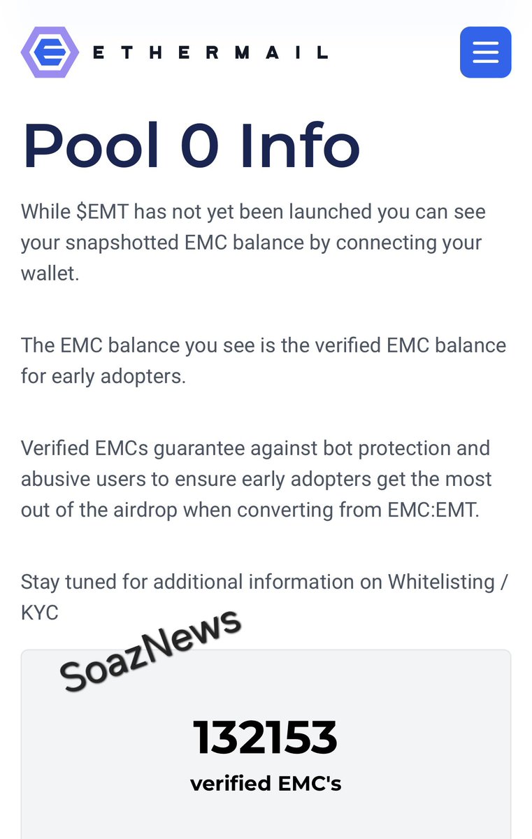 UPDATE! EtherMail Airdropʼ Snapshot taken Users that participated can proceed to checkout their allocation via ⬇️ ethermail.io/emt/pools/0 📢 If you encounter difficulty accessing the liñk on your Mețămąșk Browser, use of VPN ⚠️ #EtherMail #SoazNews #CryptoNews #Airdrops