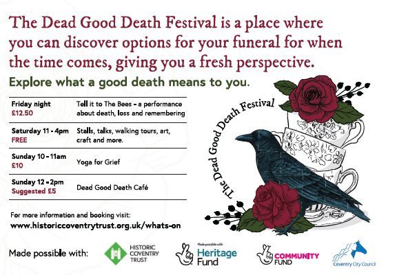 A safe place to explore death as part of Dying Matters Week - the Dead Good Death Festival at London Road Cemetery. Join us for 'Tell it to the Bees', stalls, workshops, yoga, Dead Good Death Cafe and more - this will be a weekend of peace and discovery. historiccoventrytrust.org.uk/whats-on/dead-…