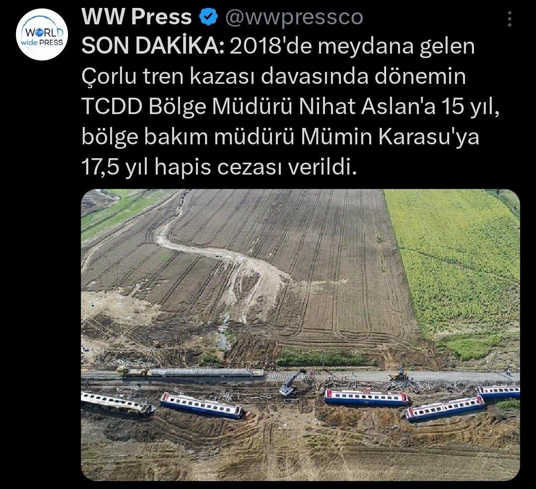 En fazla cezayı alan 17,5 yıl almıs yeter mi 🙄 Canlarından olan her bır kısı için 255,5 gun edıyo Kafalar ve vıcdanlar rahat mı #Soma da 301 can ıcın sadece 8 gun yatmıslardı degıl mı #CorluTrenKatliamı