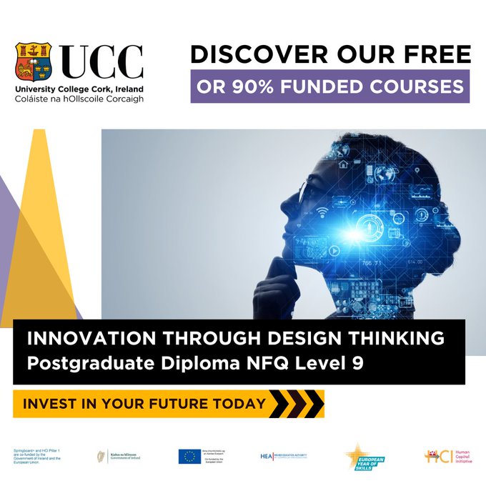 Fully online and funded, UCC's PG Dip in Innovation through Design Thinking is now open for registrations. #DesignThinking is transforming how businesses develop products and services. bit.ly/UCCIDT24 #DesignThinking
