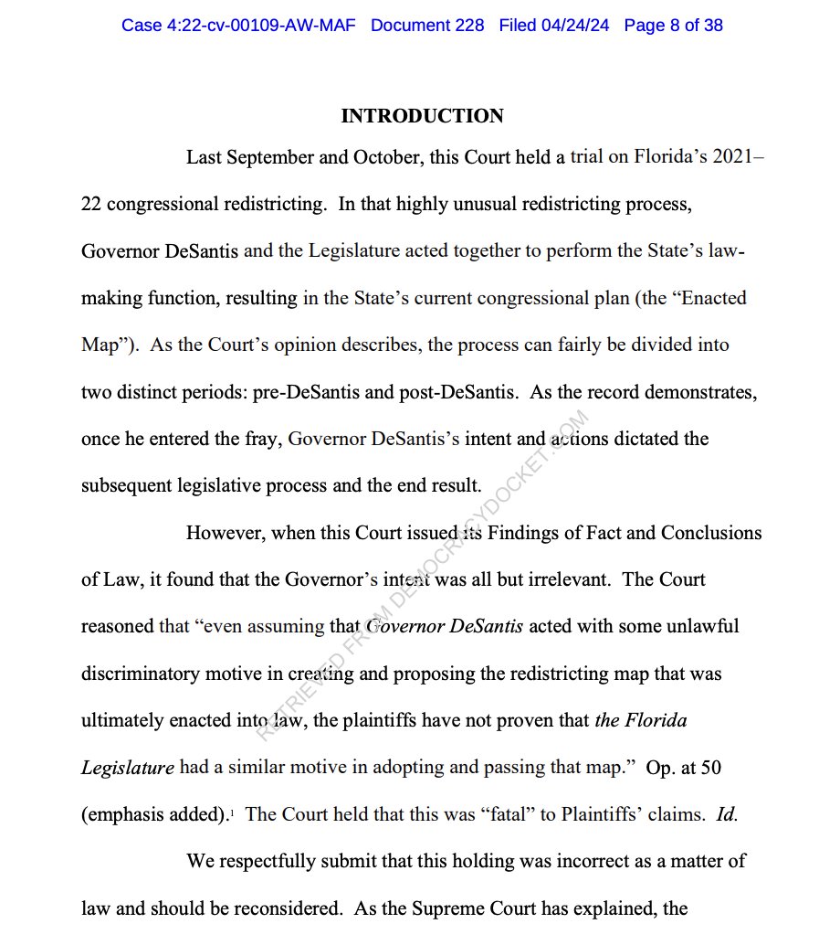 NEW: Civil rights groups ask a federal court to reconsider its decision that Florida's congressional map was not enacted with racially discriminatory intent, arguing the court did not properly weigh Gov. Ron Desantis' role in drawing the map. 🔗: democracydocket.com/cases/florida-…