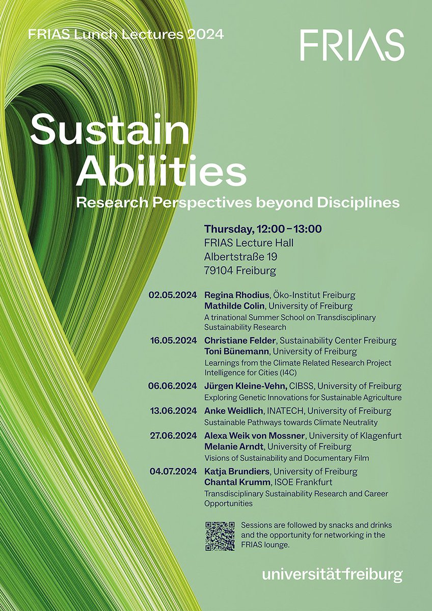 Our Lunch Lecture Series 2024 #SustainAbilities will start on May 2. Learn about diverse perspectives on #Sustainability Research. Talks last 30 mins followed by discussion, exchange, and snacks in the FRIAS lounge. All are welcome. frias.uni-freiburg.de/de/veranstaltu…