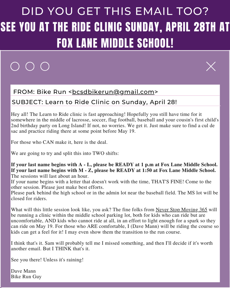 We cannot wait to help your kids learn to ride THIS Sunday at Fox Lane Middle School! 

See you there!! Feel free to reach out with questions! neverstopmoving365team@gmail.com

#neverstopmoving365 #neverstopmoving #foxlanemiddleschool #bikeclinic #learntoride