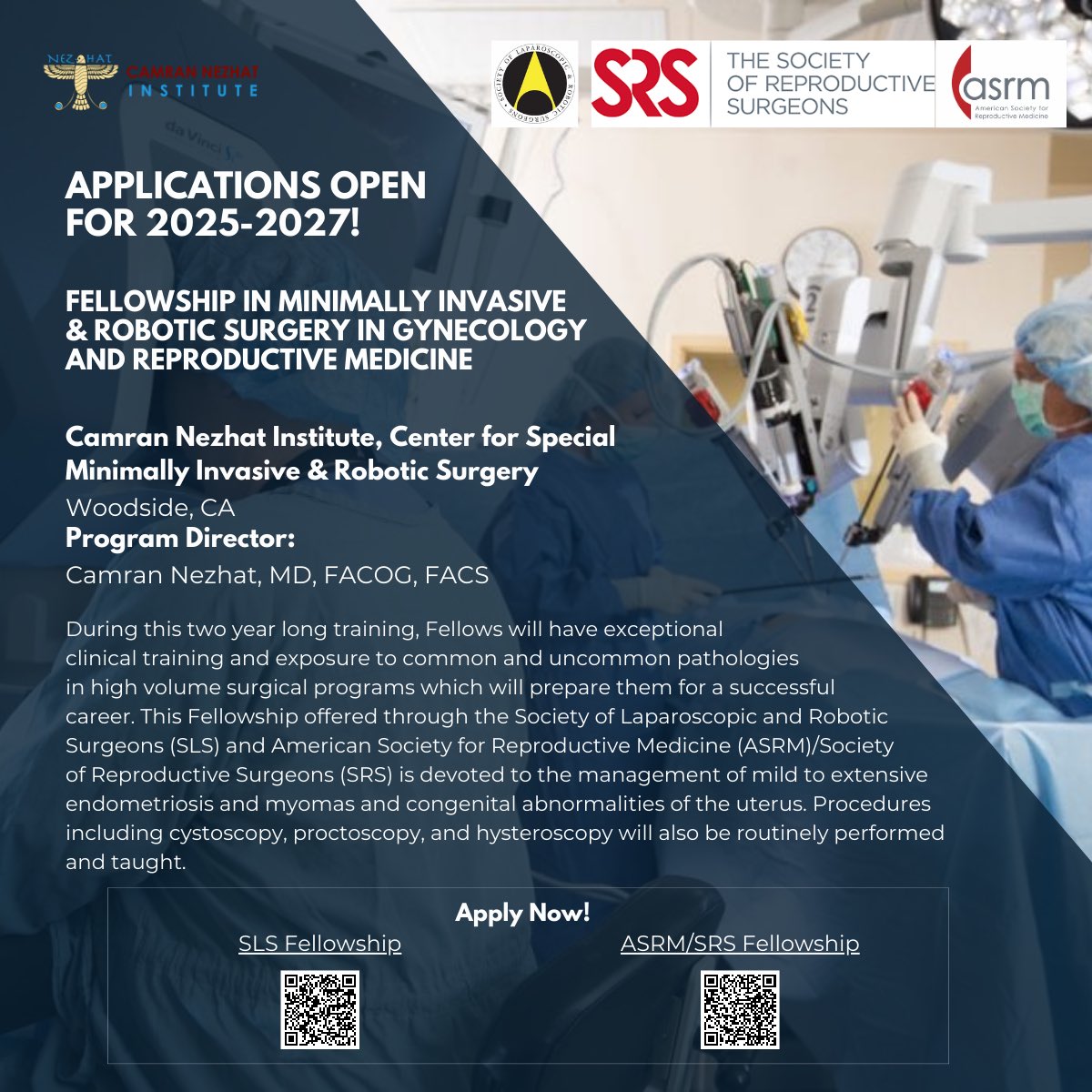 ￼✨Join our prestigious Fellowship program in Minimally Invasive &amp; Robotic Surgery with Dr. Camran Nezhat in Woodside, California ￼

➡️SLS application: sls.org/sls-fellowship…
￼➡️ASRM/SRS application: connect.asrm.org/srs/surgical-f…

#fellowship #roboticsurgery #endometriosis #migs