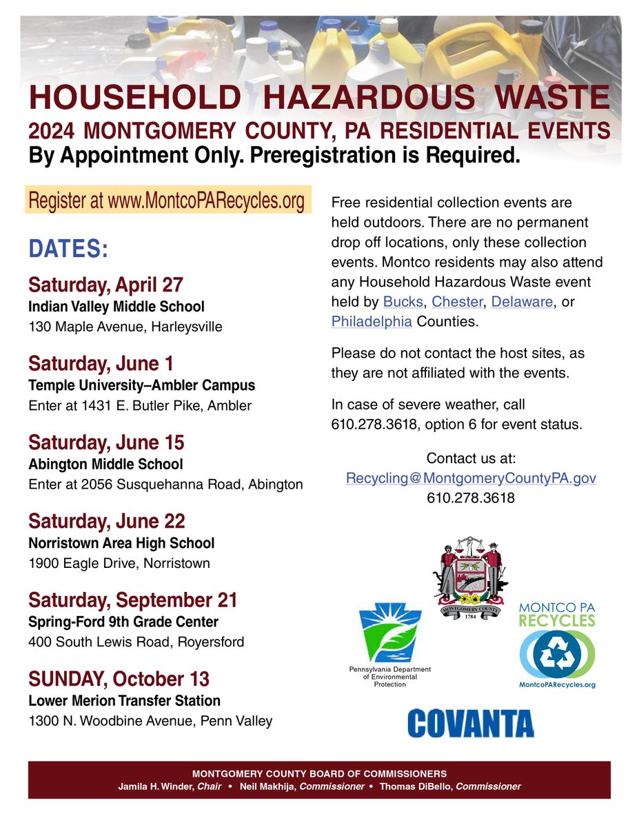 Montgomery County Household Hazardous Waste events begin this Saturday at Indian Valley Middle School. Pre-registration required. 

More info here: tinyurl.com/4r53dkv4