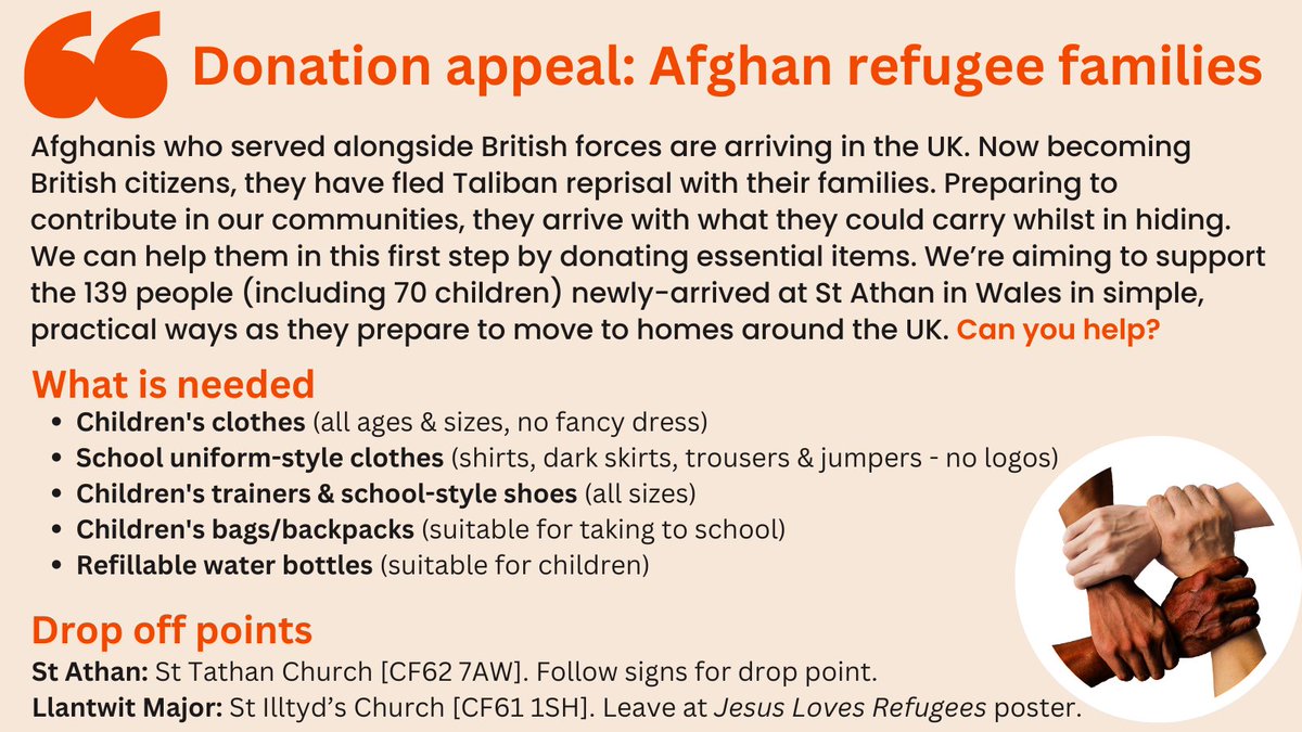 Community in action 🫶
Please note items needed & where you can drop in St Athan or Llantwit Major 🏴󠁧󠁢󠁷󠁬󠁳󠁿
#Refugees #welcome #moreincommon 
Pls RT @LlantwitMajorSc @llantwitlibrary @LlantwitMajorFC @LlanMajor_TownC @LlantwitC