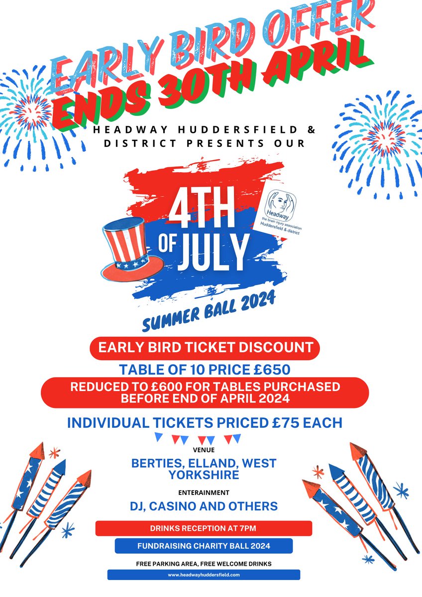 Just 5 days to go until our early bird offer ends for the Summer Ball fundraising event. Place your order now! Just £600 for a table of 10. Check out my blog post wix.to/pJEOnMb #newblogpost #SumerBall #BrainInjurysupport #Calderdale #Kirklees