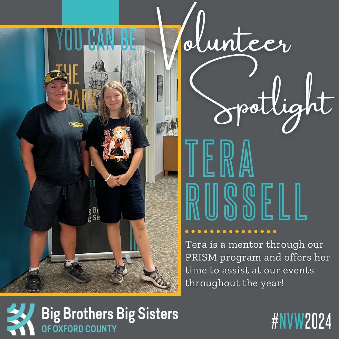 🌟 𝐕𝐨𝐥𝐮𝐧𝐭𝐞𝐞𝐫 𝐒𝐩𝐨𝐭𝐥𝐢𝐠𝐡𝐭! 🌟
Tera is a mentor in our PRISM program and is often seen assisting at our fundraising events throughout the year. 
Read more about Tera here: oxford.bigbrothersbigsisters.ca/volunteer-spot…
#NVW2024 #VolunteerSpotlight  #ThankfulThursday #OxfordCounty