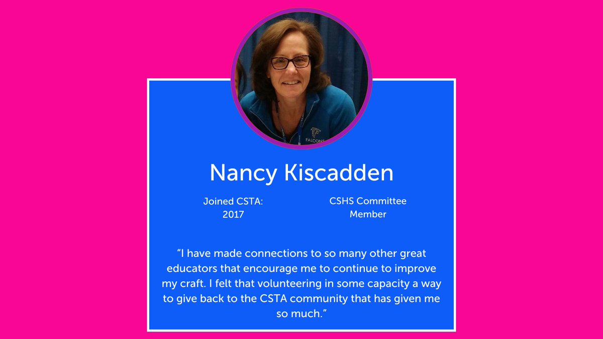 Meet CSTA volunteer Nancy Kiscadden! Fun fact: She joined CSTA in 2017 when she went to her first annual conference. Learn more about Nancy here: csteachers.org/csta-volunteer…