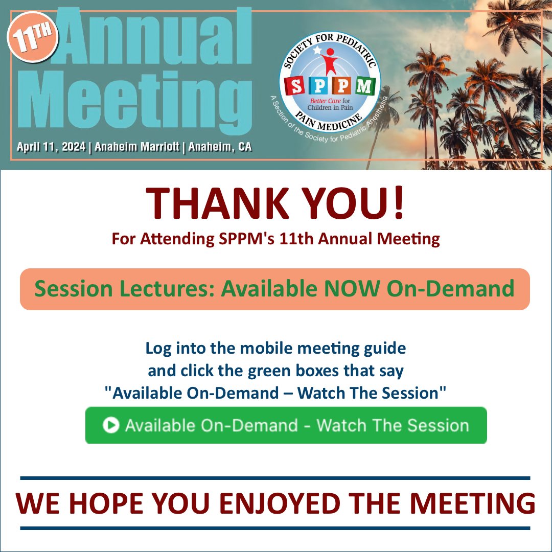 SPPM's 11th Annual Meeting session lectures are available NOW on-demand! Log into the Mobile Meeting Guide and navigate to the Program & Schedule. Click the 'Available On-Demand – Watch The Session' buttons. Log in here: ow.ly/FJZs50RnhLp #SPPM2024 #PedsPain