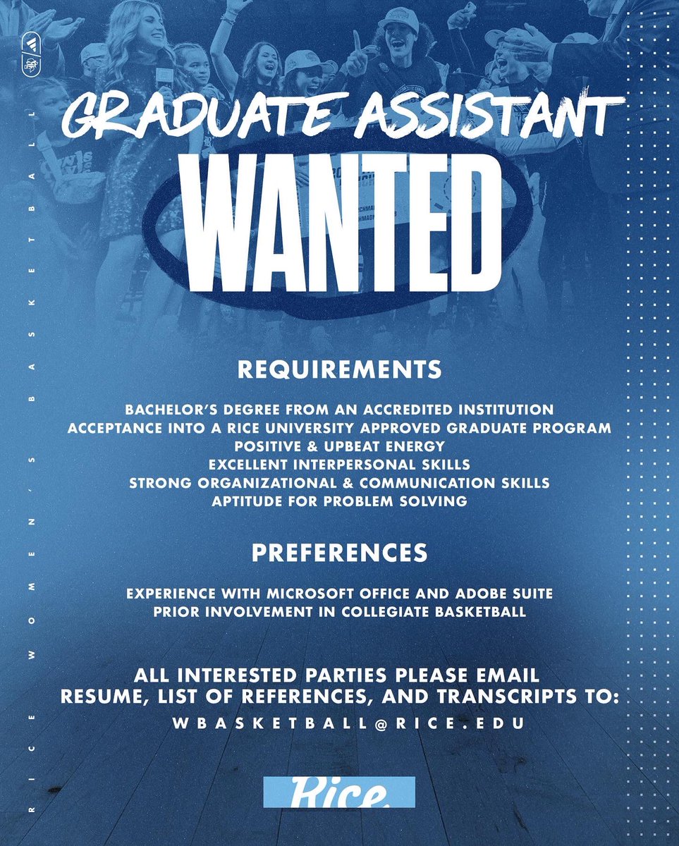 Come join our family 🦉 We’re hiring graduate assistants for next season! More info ⤵️