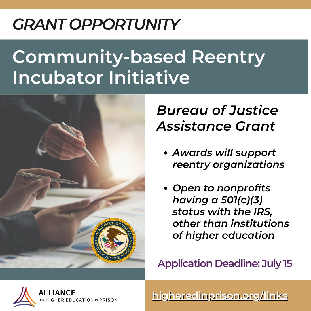 🌟 Grant Opportunity: The Bureau of Justice Assistance (BJA) announced their Community-based Reentry Incubator Initiative grants!

Application deadline is July 15.

bja.ojp.gov/funding/opport…
