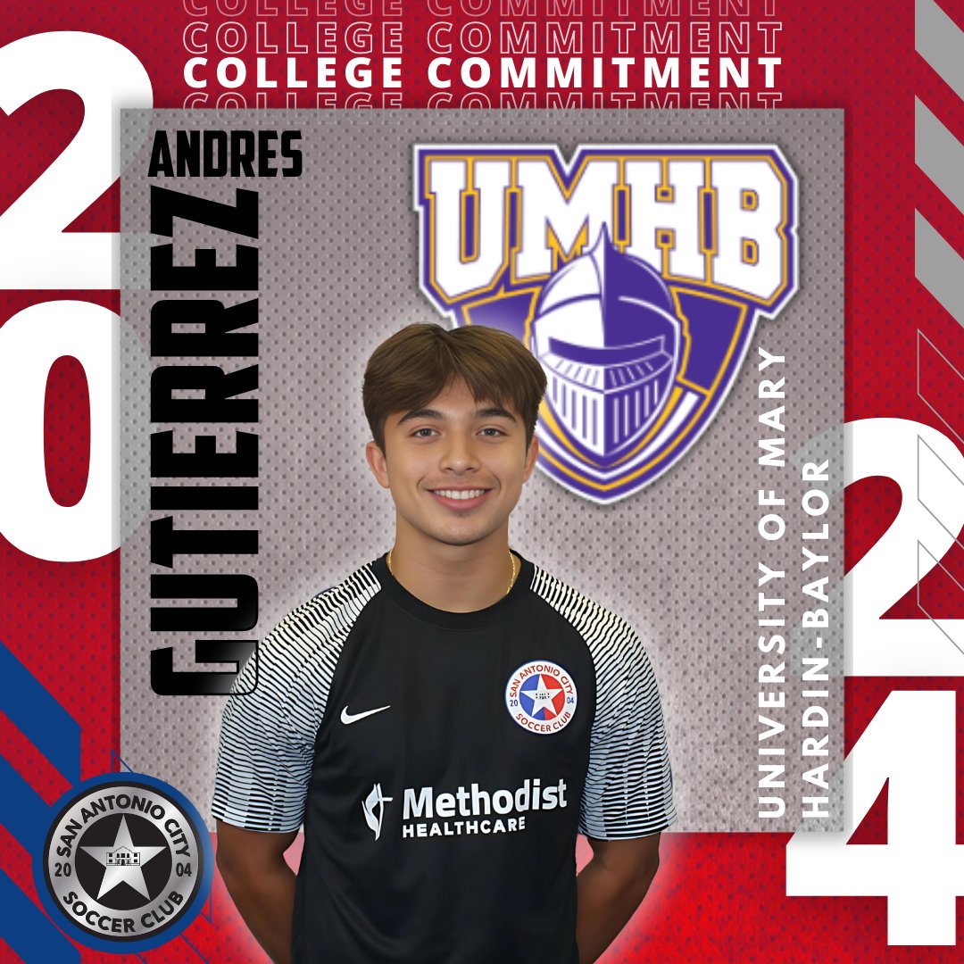 🚨 𝘾𝙊𝙈𝙈𝙄𝙏𝙏𝙀𝘿 🚨 Congratulations to Andres Gutierrez from our SA City 05/06 ECNL-RL on his commitment to University of Mary Hardin-Baylor to continue his education and soccer career! 🔴🔵🔜🟣🟡 #SaCityProud #TrustTheProcess