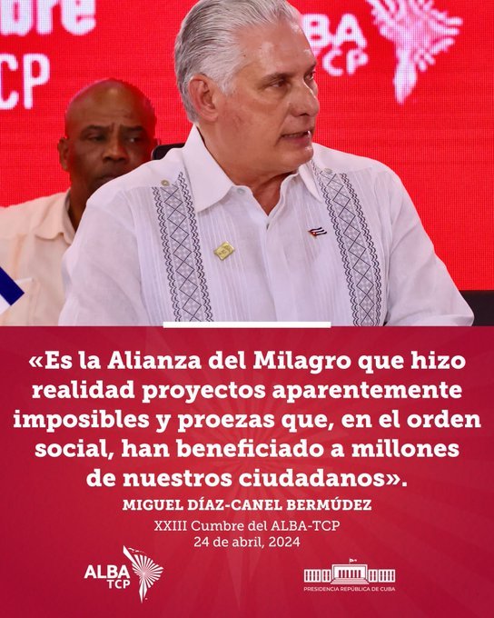 TelePinar's tweet photo. 🇨🇺| @DiazCanelB: “Es la Alianza del Milagro que hizo realidad proyectos aparentemente imposibles y proezas que, en el orden social, han beneficiado a millones de nuestros ciudadanos.”

#ALBATCP 
✍ @PresidenciaCuba https://t.co/NBrQ1jJNet