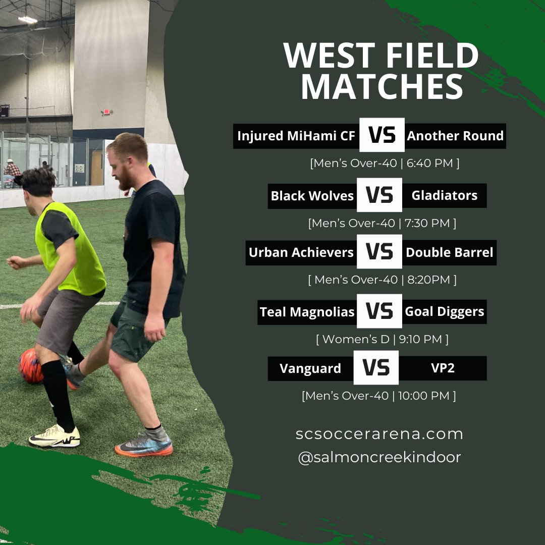 Ready to witness some epic showdowns? Tonight, it's all about experience and determination as our Men's Over-40 teams and Women's D league players hit the field at 5:50 PM!
.
.
.
.
.
#salmoncreekindoor #SCISA #adultleauges #indoorsoccer #soccer #adultsoccer