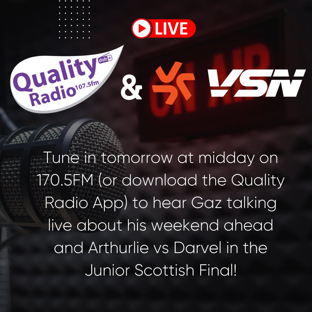 **BREAKING NEWS** I will be live on @QualityRadioUK from midday tomorrow on 107.5FM (or download the App) to talk about my weekend ahead and looking forward to the @scottishjuniors Cup Final with @ArthurlieFC Vs @darvelfc.