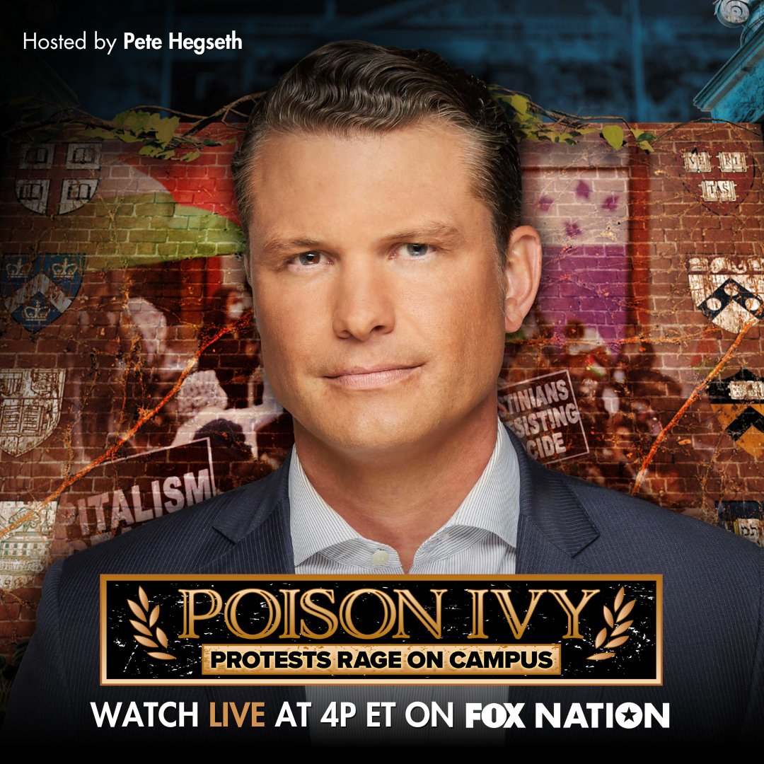 ❗❗ LIVE TODAY AT 4P ET: @PeteHegseth cuts through the noise to address the activism chaos on Ivy League campuses. Stream the special livestream exclusively on Fox Nation for a no-nonsense discussion you don't want to miss. bit.ly/48Rojai