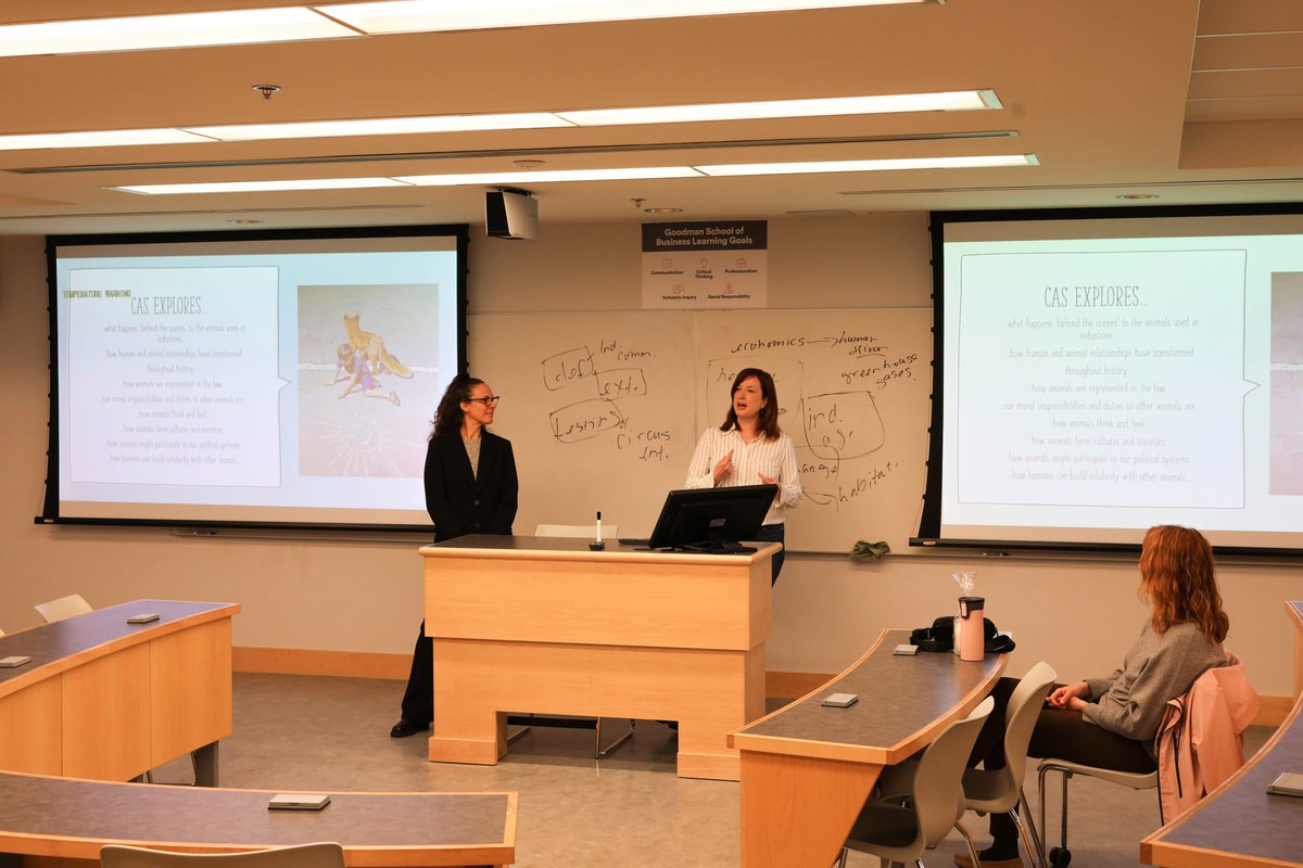 Drs. Lauren Corman and Zipporah Weisberg presenting to high school students on Social Sciences Day. The session was 'Introducing Critical Animal Theories: Law, Social Justice, and Environmental Policy.'