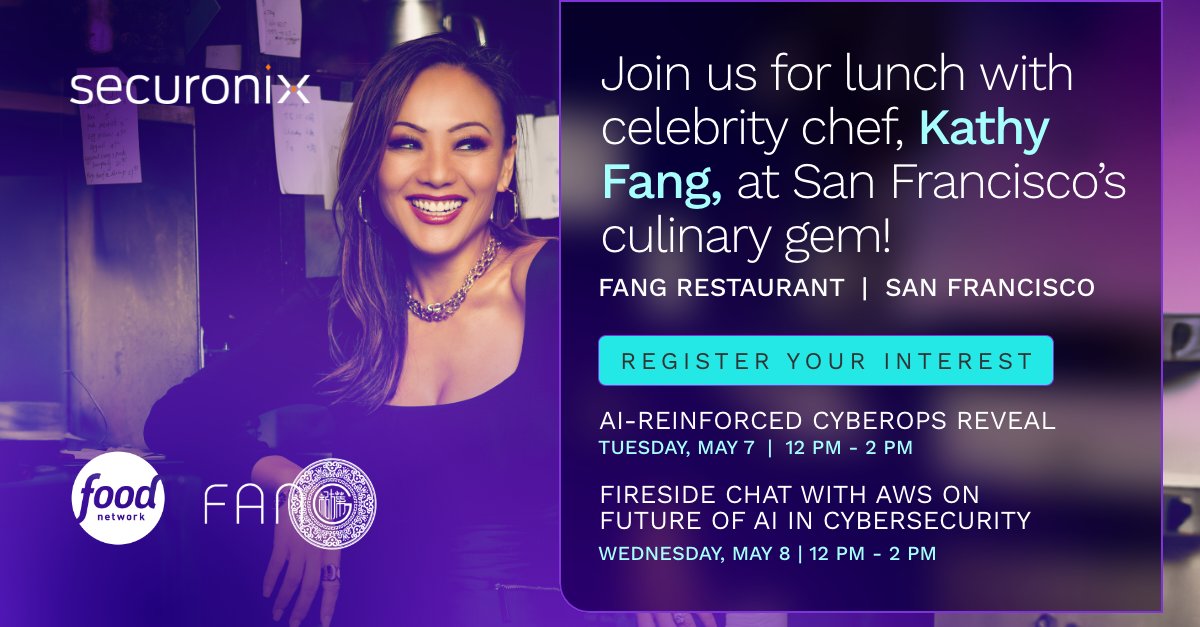 Going to RSA? Reserve your seat at one of our exclusive lunches with Food Network's celebrity chef Kathy Fang! Tuesday, May 7 - Join our AI-Reinforced CyberOps Launch Event. Wednesday, May 8, 12pm - Don't miss our Fireside Chat on AI with AWS. RSVP today: sc.securonix.com/u/kLwH3q