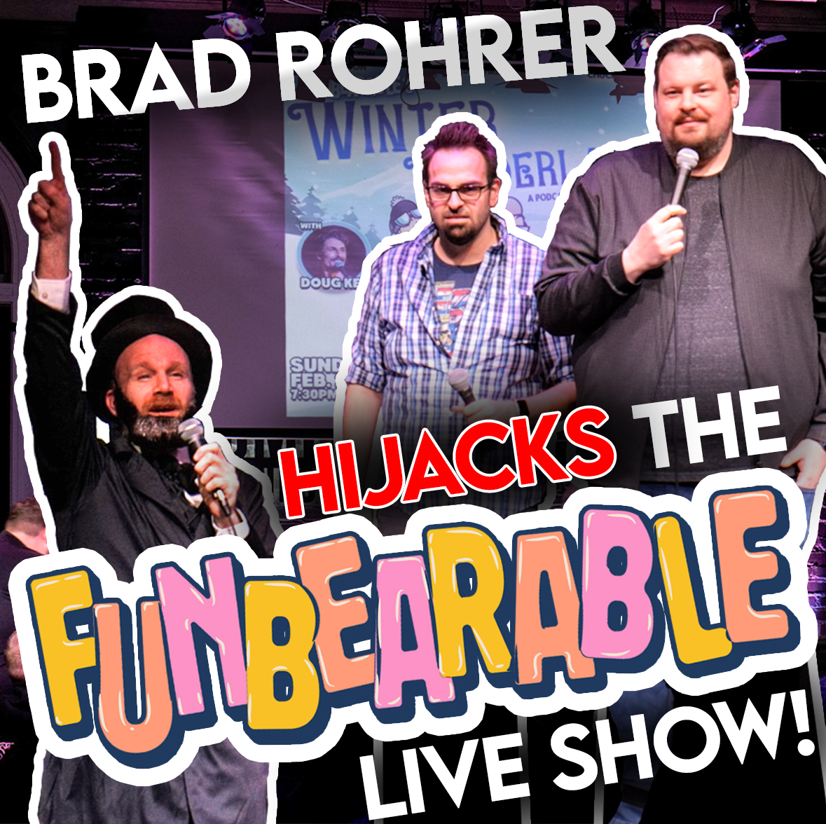 The opening segment of Funbearable's Winter Funderland live show is up now on Youtube. Not how we wanted to open the show. @bradrohrer @rayharrington @discountchuck #podcast #live #hijack #heckler link in comments