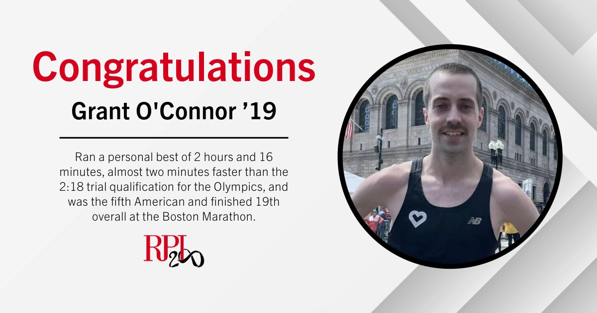 Congratulations to Grant O'Connor '19 for finishing 19th overall in this year's Boston Marathon! Read more on his RPI achievements at bit.ly/3U48yqz and share your congratulations to Grant in the comments! #RPI #RPIAlumni #RPI200